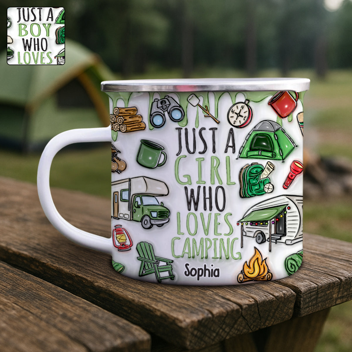 Mug émaillé personnalisé « Juste une fille qui adore le camping »