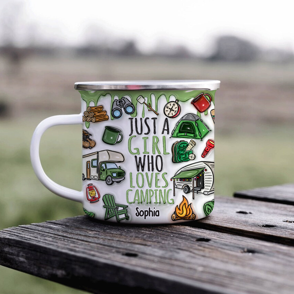 Mug émaillé personnalisé « Juste une fille qui adore le camping »