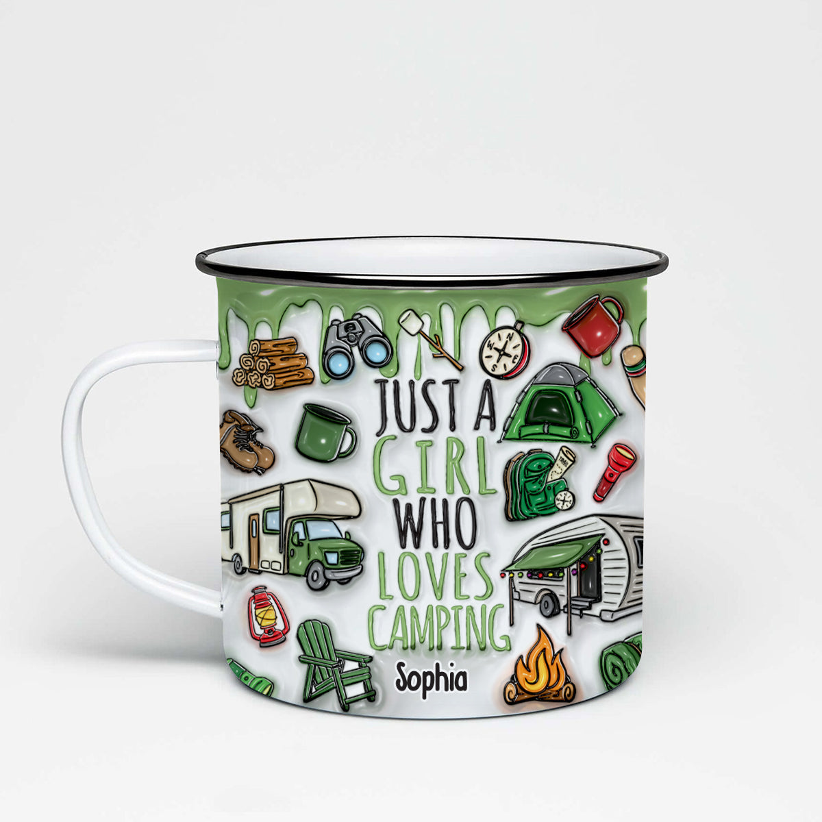 Mug émaillé personnalisé « Juste une fille qui adore le camping »