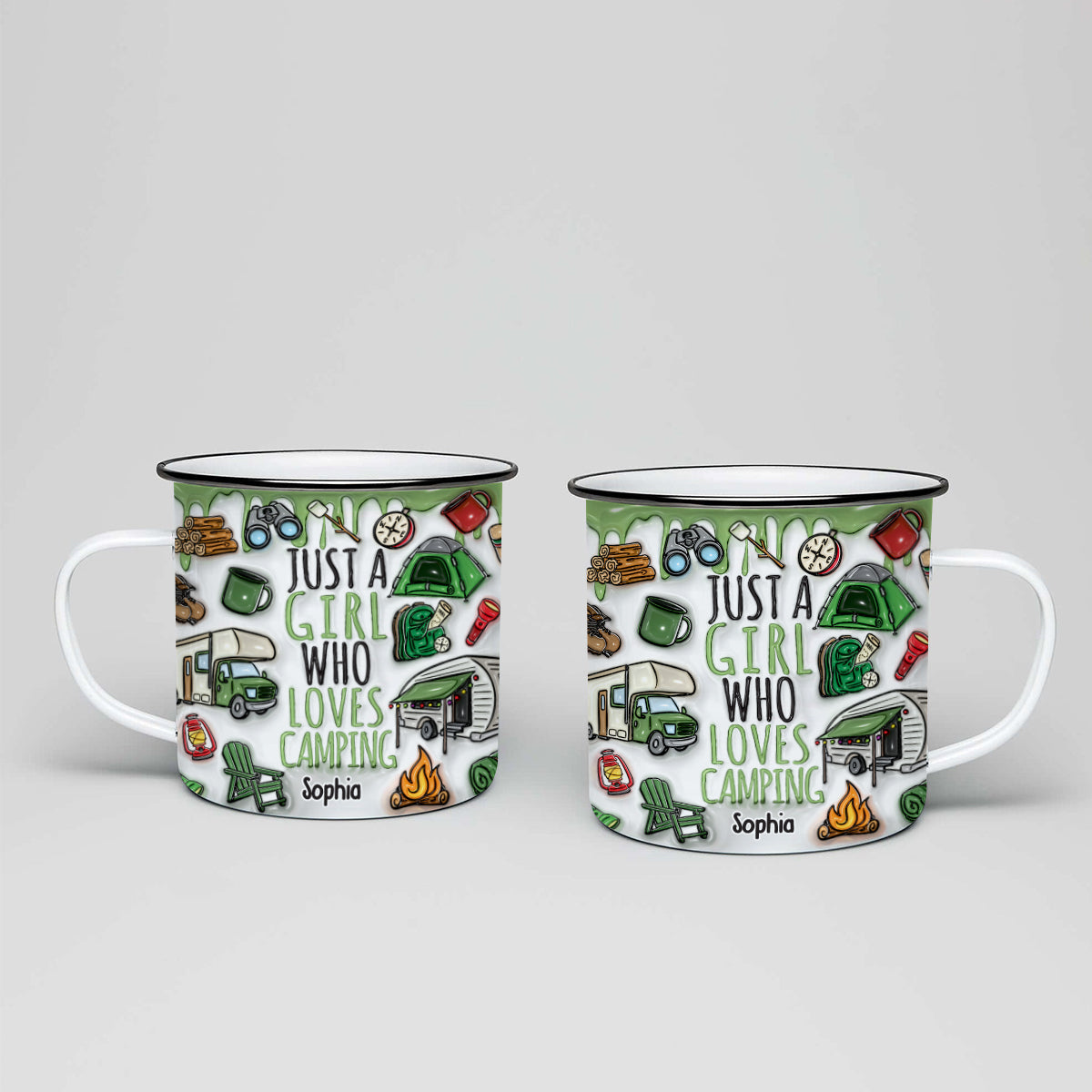 Mug émaillé personnalisé « Juste une fille qui adore le camping »