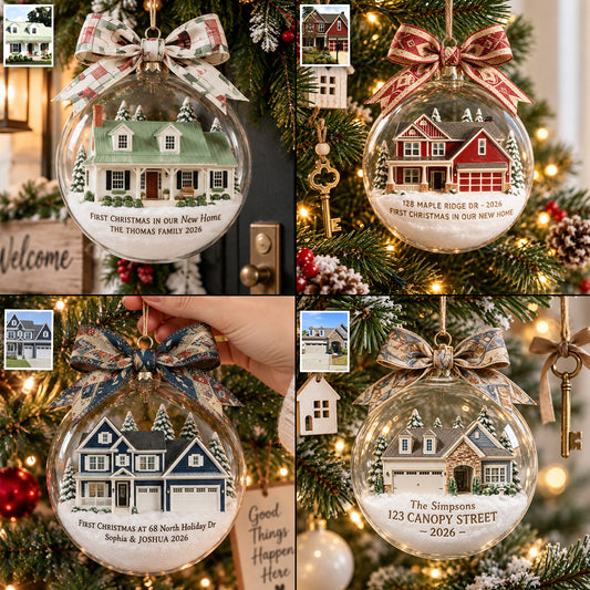 First Christmas in Our New Home - Personalized Family Snow Globe Ornament With Bow