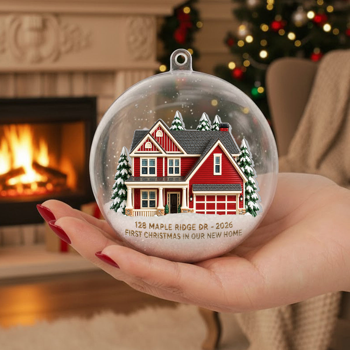 First Christmas in Our New Home - Personalized Family Snow Globe Ornament With Bow