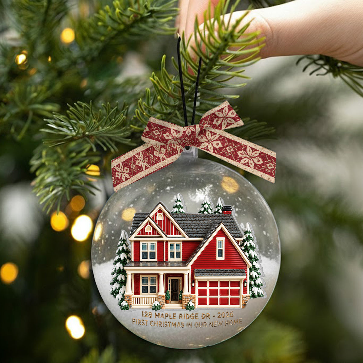 First Christmas in Our New Home - Personalized Family Snow Globe Ornament With Bow