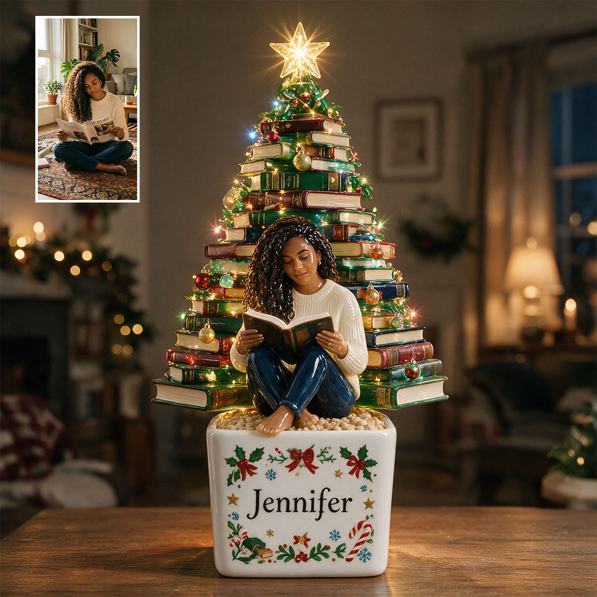 Bücher Weihnachtsbaum - Personalisierte Buch LED Licht Keramiktopf