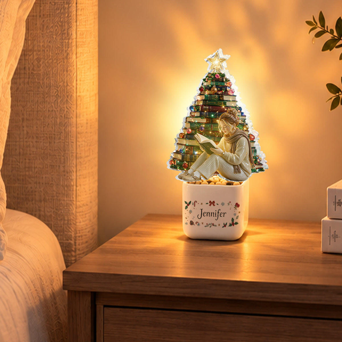 Bücher Weihnachtsbaum - Personalisierte Buch LED Licht Keramiktopf