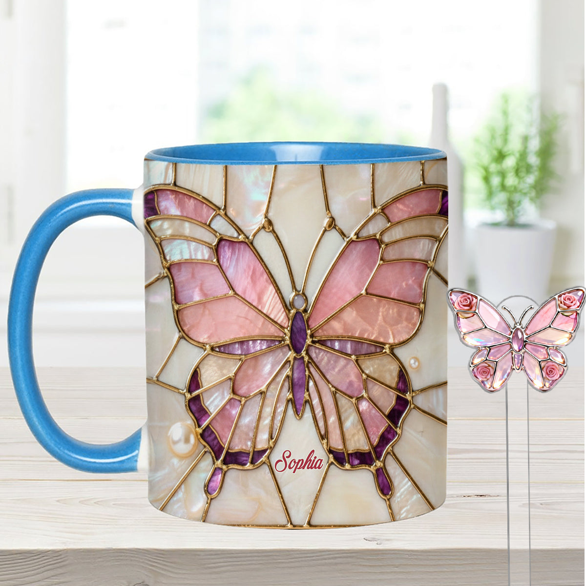 Schmetterlinge lieben – Personalisierter Schmetterlings-Akzentbecher mit Acryl-Rührstäbchen