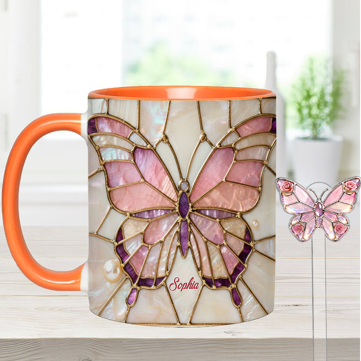 Schmetterlinge lieben – Personalisierter Schmetterlings-Akzentbecher mit Acryl-Rührstäbchen