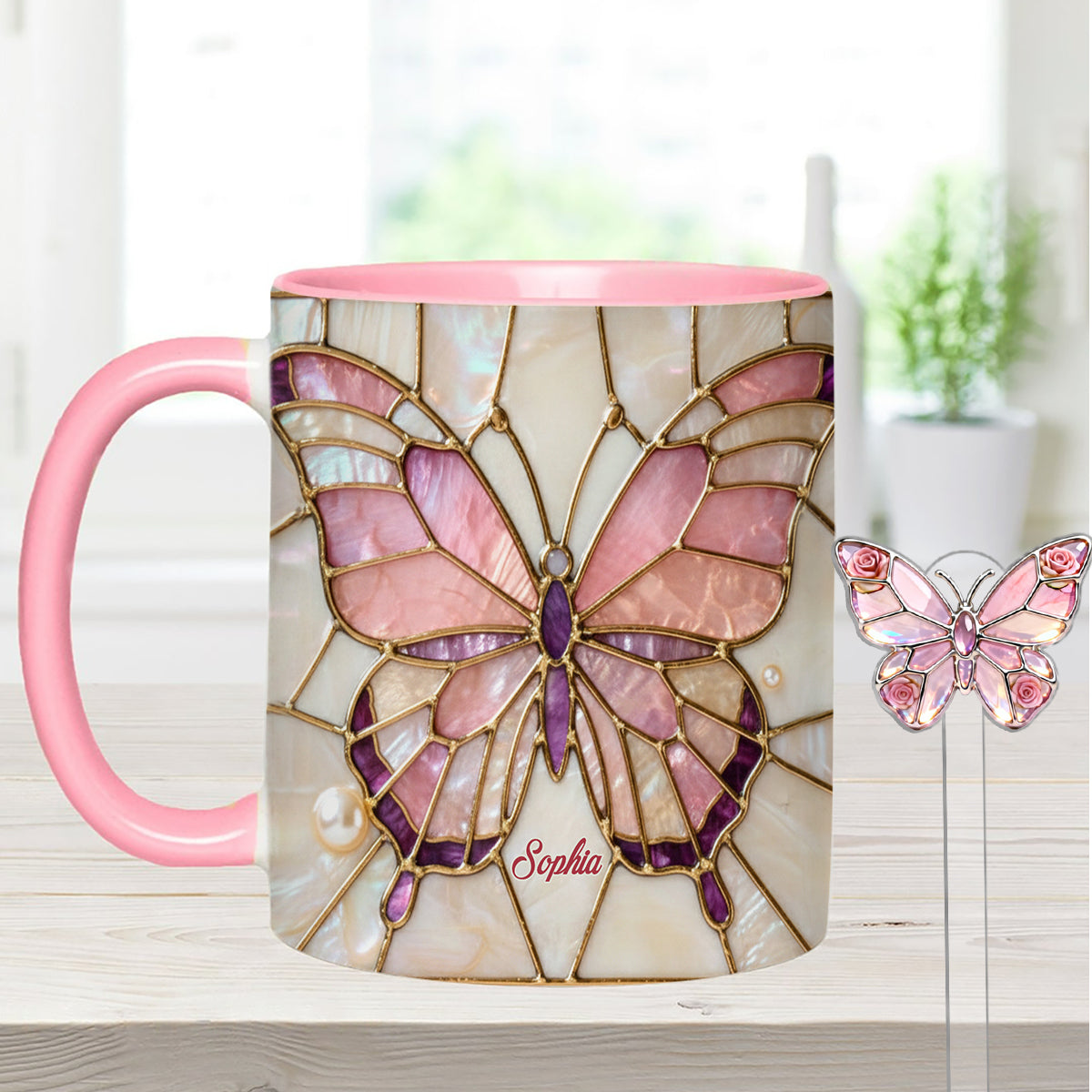 Schmetterlinge lieben – Personalisierter Schmetterlings-Akzentbecher mit Acryl-Rührstäbchen
