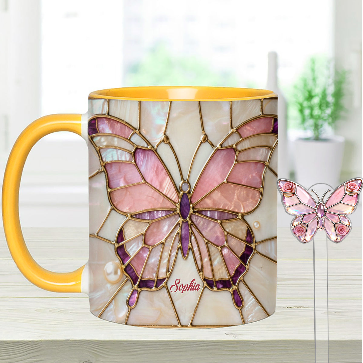 Schmetterlinge lieben – Personalisierter Schmetterlings-Akzentbecher mit Acryl-Rührstäbchen