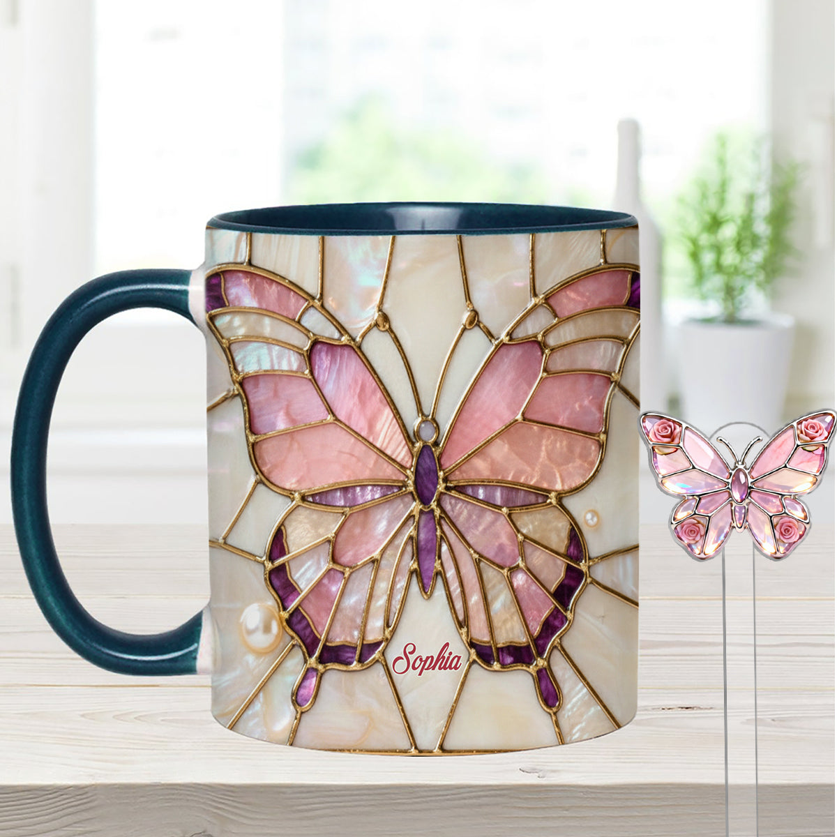 Schmetterlinge lieben – Personalisierter Schmetterlings-Akzentbecher mit Acryl-Rührstäbchen