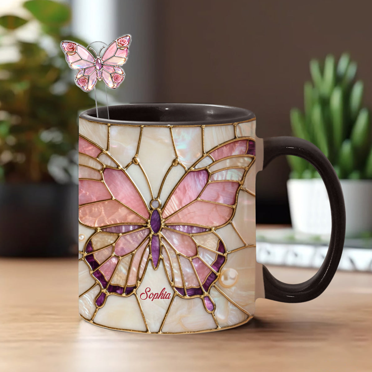 Schmetterlinge lieben – Personalisierter Schmetterlings-Akzentbecher mit Acryl-Rührstäbchen