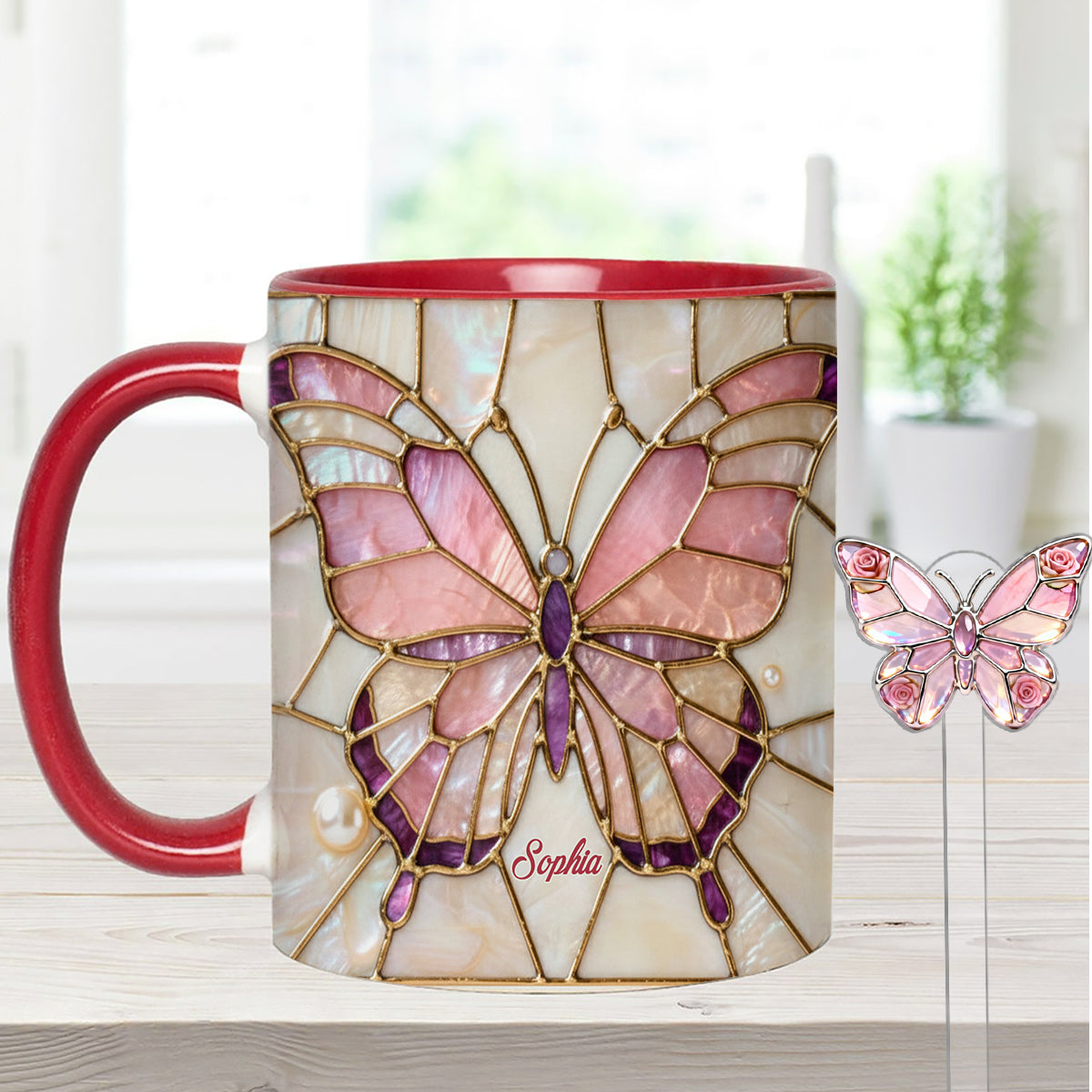 Schmetterlinge lieben – Personalisierter Schmetterlings-Akzentbecher mit Acryl-Rührstäbchen