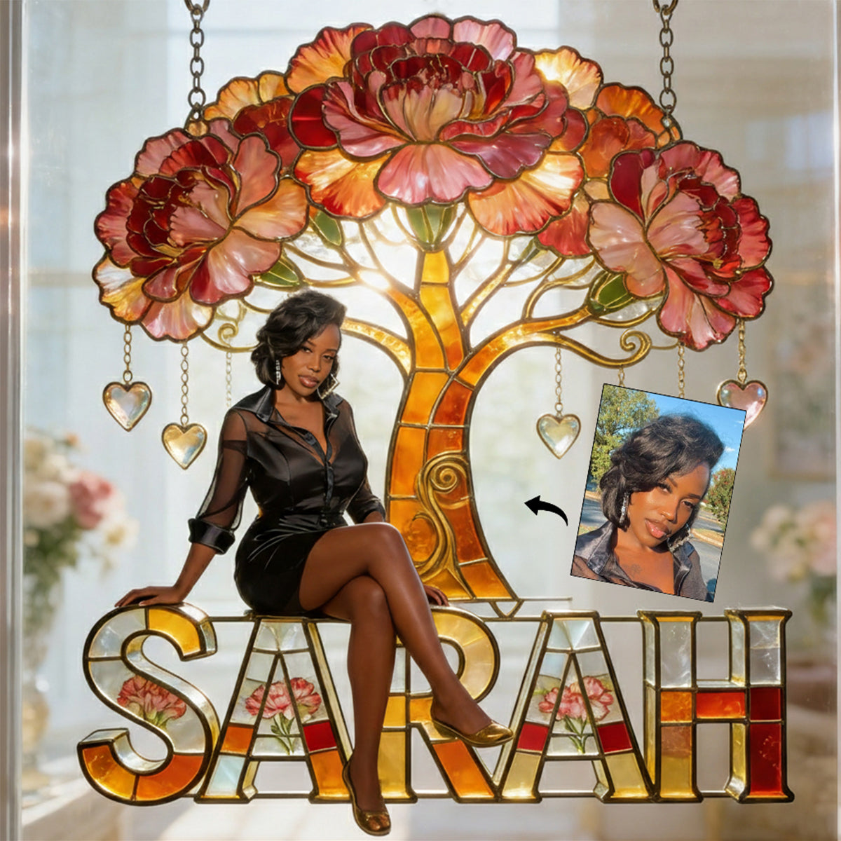 Custom Any Photo Birthmonth Flower - Personalized Self Love Window Hanging Suncatcher Ornament