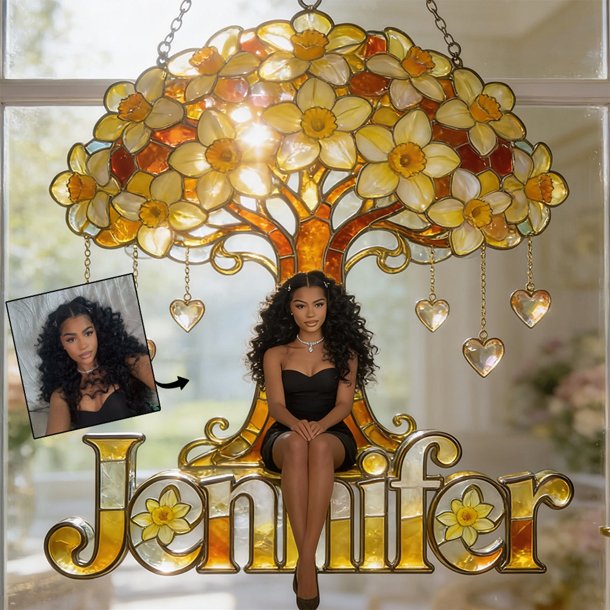 Custom Any Photo Birthmonth Flower - Personalized Self Love Window Hanging Suncatcher Ornament