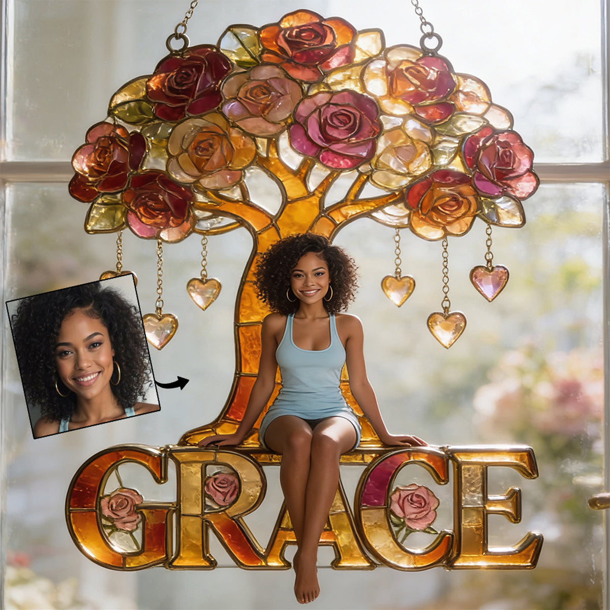 Custom Any Photo Birthmonth Flower - Personalized Self Love Window Hanging Suncatcher Ornament