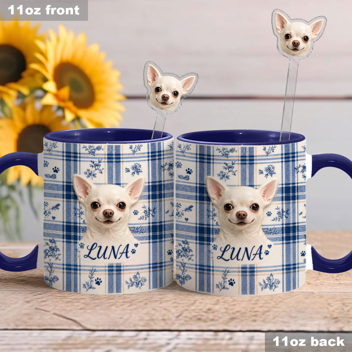 Photo de tout animal de compagnie personnalisée - Ensemble de mugs accent avec cuillères en acrylique