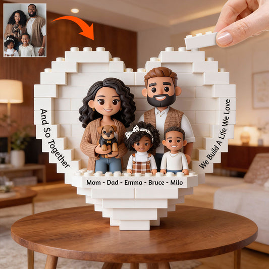 Gemeinsam bauen wir ein Leben, das wir lieben – personalisierte Familienherz-Bausteine, beidseitig bedruckt