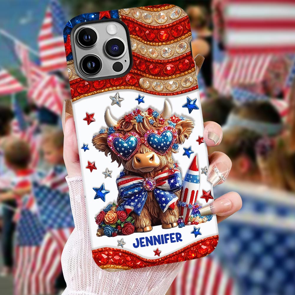 Coque de téléphone personnalisée avec motif vache des Highlands, motif 4 juillet américain