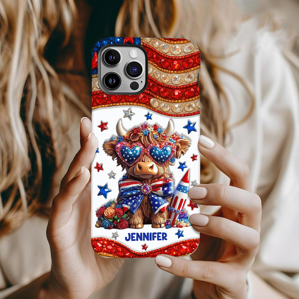 Coque de téléphone personnalisée avec motif vache des Highlands, motif 4 juillet américain