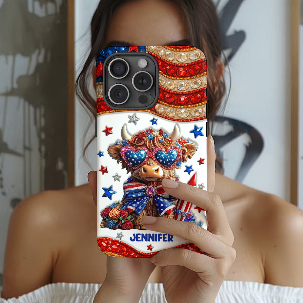 Coque de téléphone personnalisée avec motif vache des Highlands, motif 4 juillet américain
