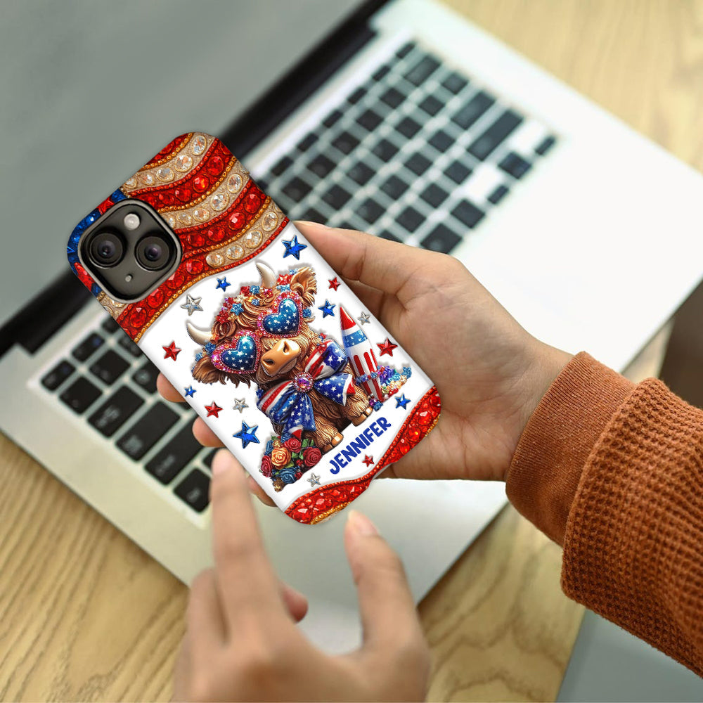 Coque de téléphone personnalisée avec motif vache des Highlands, motif 4 juillet américain