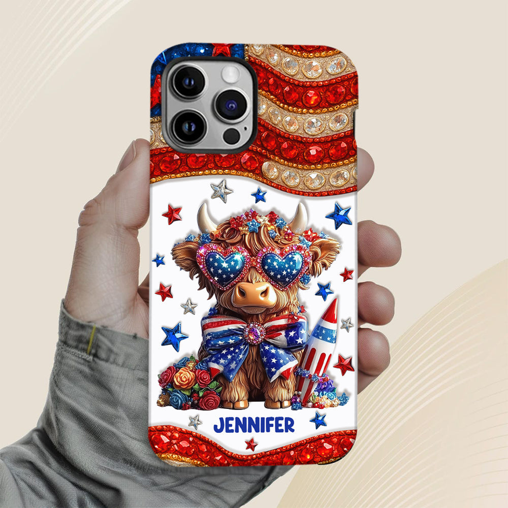 Coque de téléphone personnalisée avec motif vache des Highlands, motif 4 juillet américain