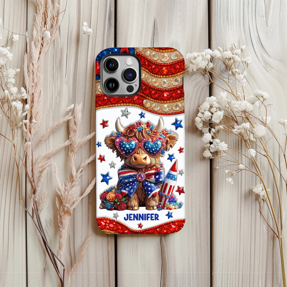 Coque de téléphone personnalisée avec motif vache des Highlands, motif 4 juillet américain