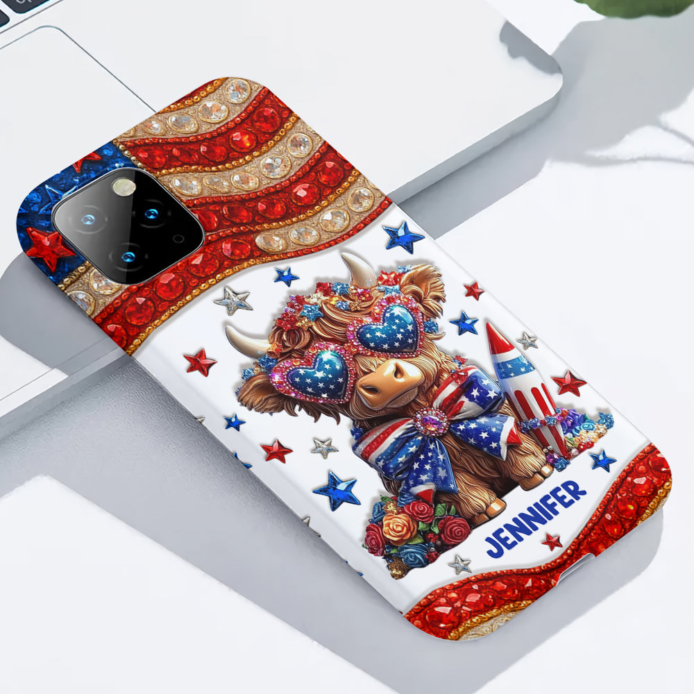 Coque de téléphone personnalisée avec motif vache des Highlands, motif 4 juillet américain