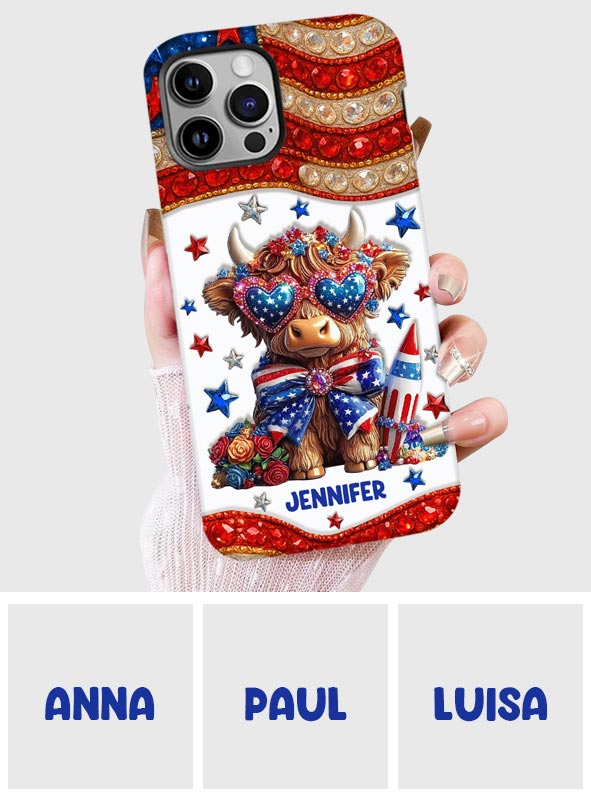 Coque de téléphone personnalisée avec motif vache des Highlands, motif 4 juillet américain