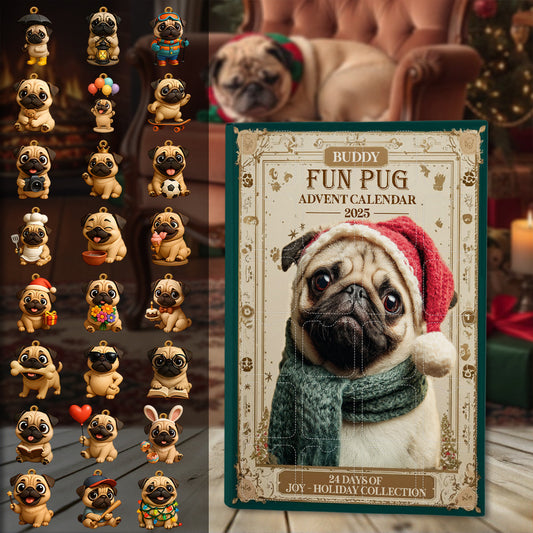 Weihnachtlicher Spaß mit Mops – Personalisierter Hunde-Adventskalender mit Ornamenten