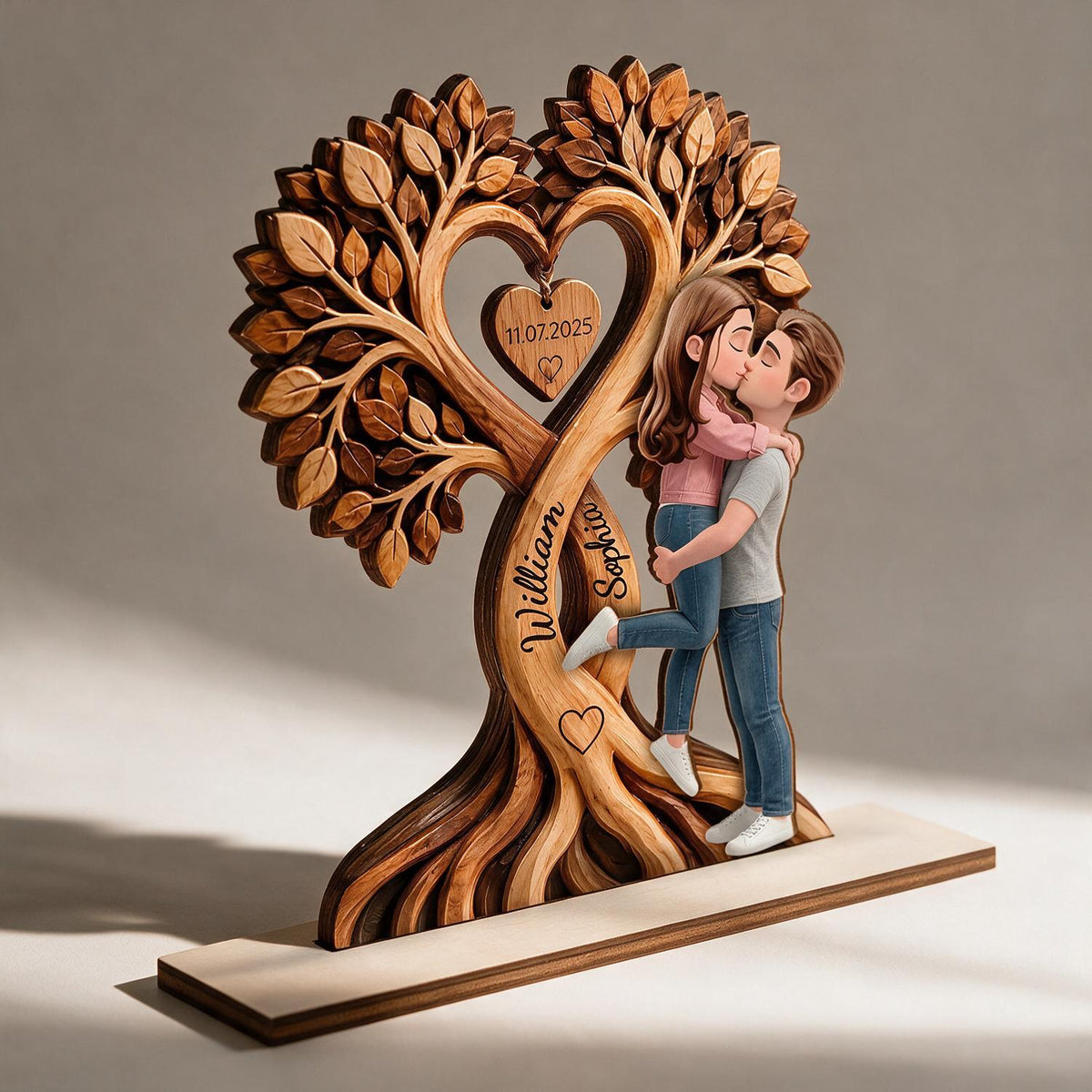Personalized Couple Heart Tree Custom Shaped Wooden Plaque - Romantic Anniversary Gift