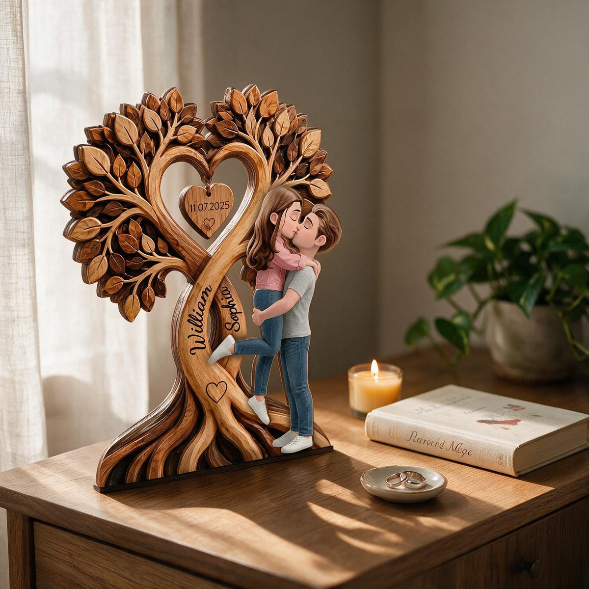 Personalized Couple Heart Tree Custom Shaped Wooden Plaque - Romantic Anniversary Gift