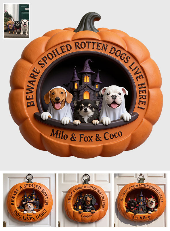 Dogs in Halloween Costumes Pumpkin - Personalized Dog Custom Shaped Wood Sign