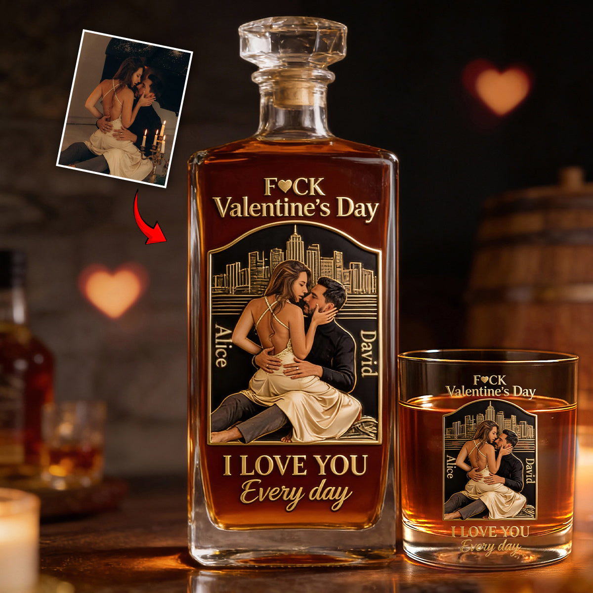 Je t'aime chaque jour - Coffret de carafes à whisky personnalisées pour couples