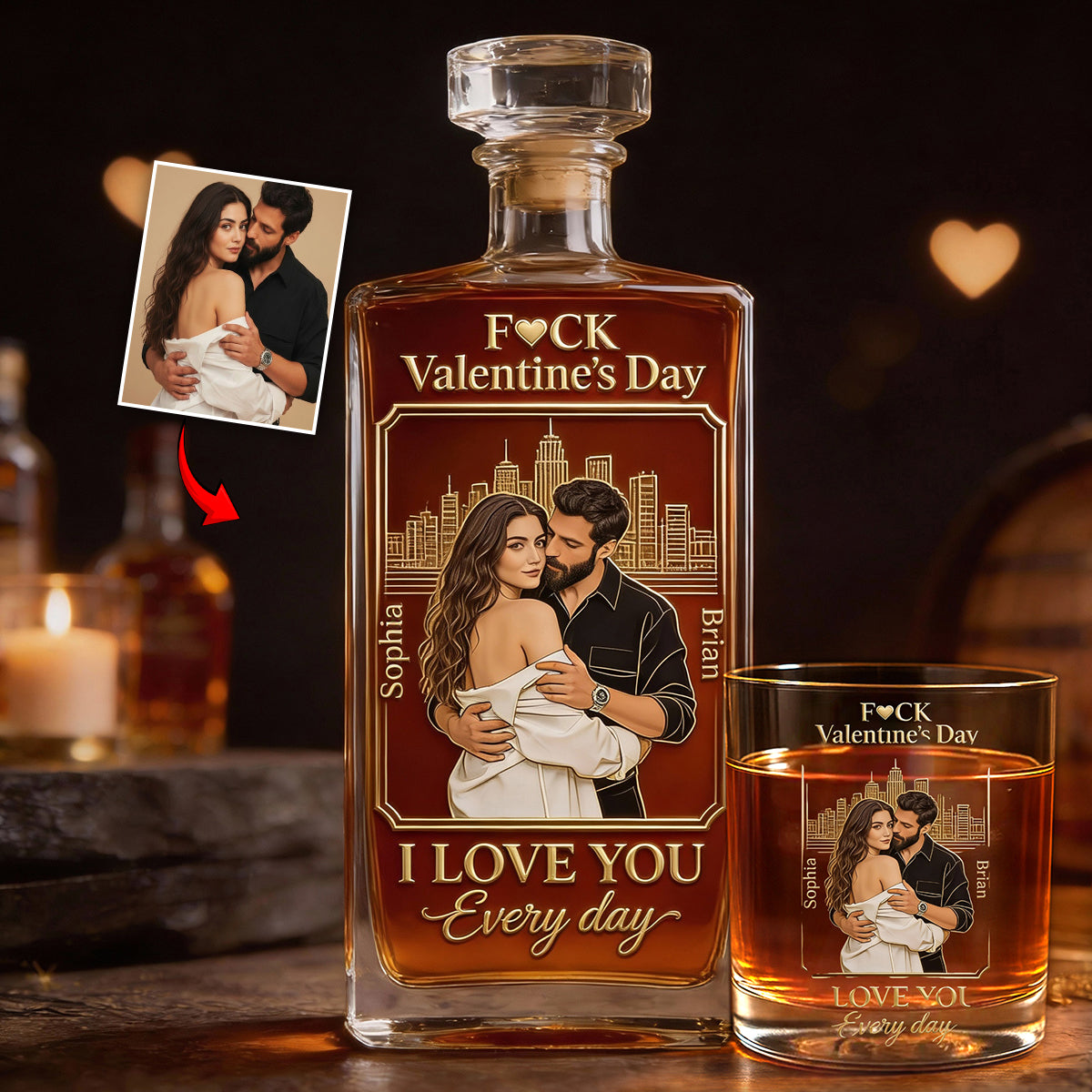 Je t'aime chaque jour - Coffret de carafes à whisky personnalisées pour couples