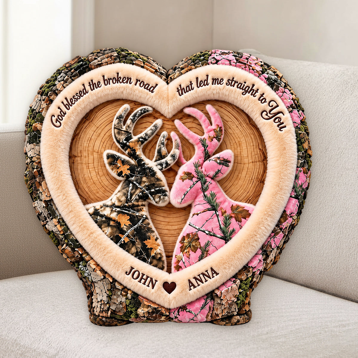 Camo Deer Couple Heart - Personalized Hunting Premium Faux Fur Pillow