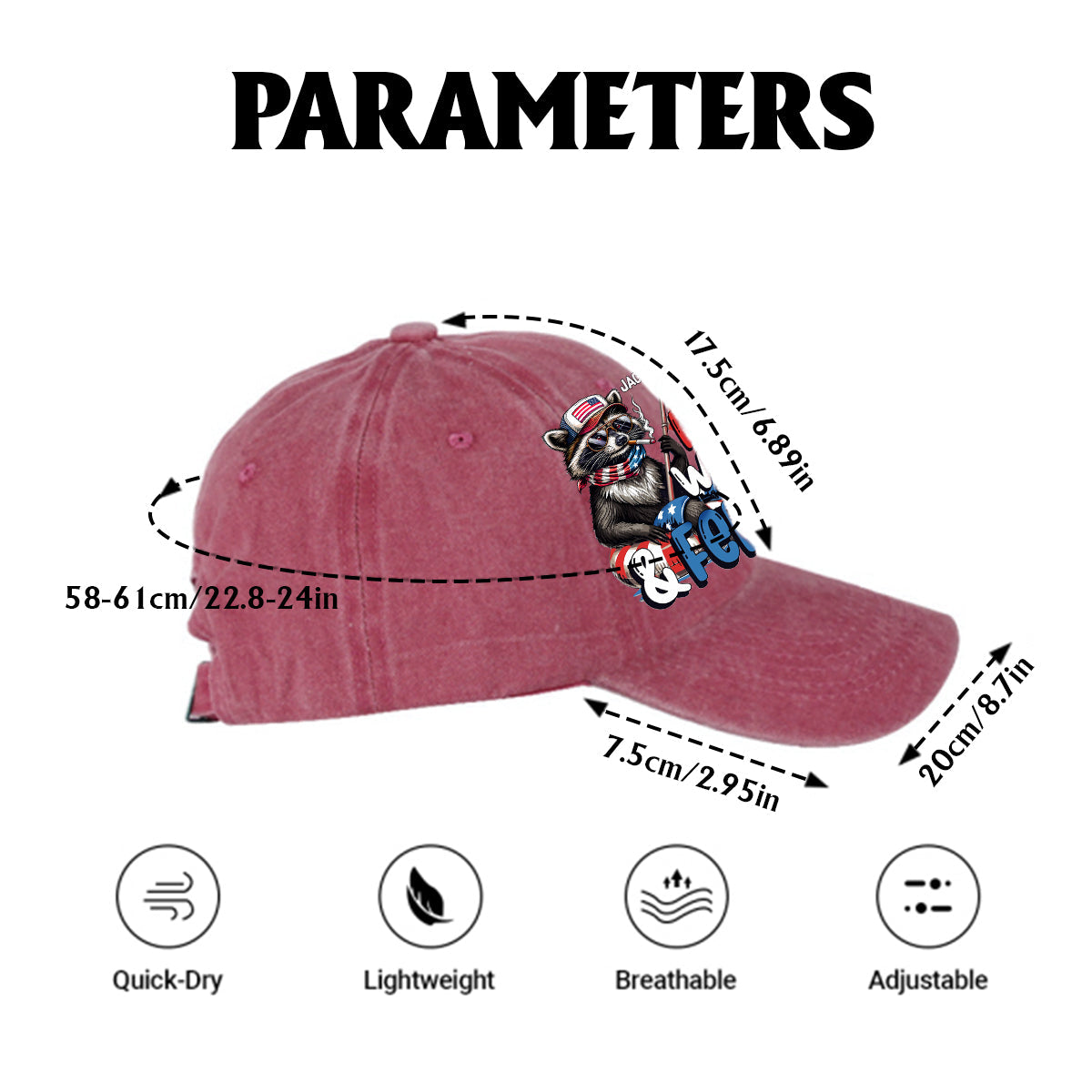 Casquette en denim délavé rouge, blanc et raton laveur sauvage personnalisée pour la fête nationale américaine/le 4 juillet