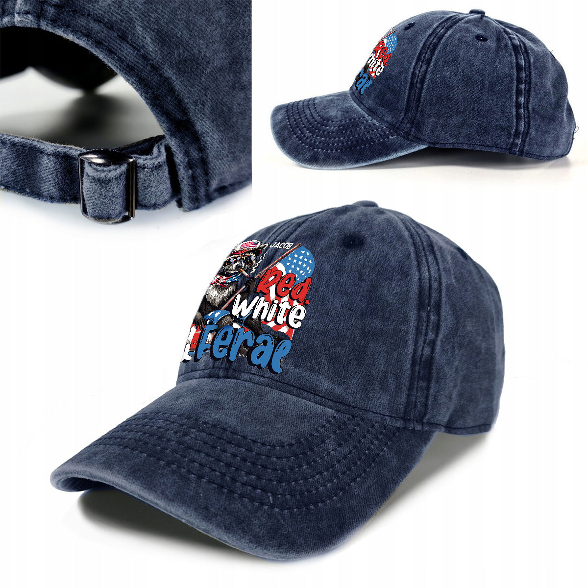 Casquette en denim délavé rouge, blanc et raton laveur sauvage personnalisée pour la fête nationale américaine/le 4 juillet