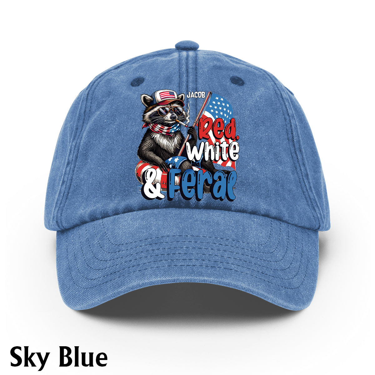 Casquette en denim délavé rouge, blanc et raton laveur sauvage personnalisée pour la fête nationale américaine/le 4 juillet