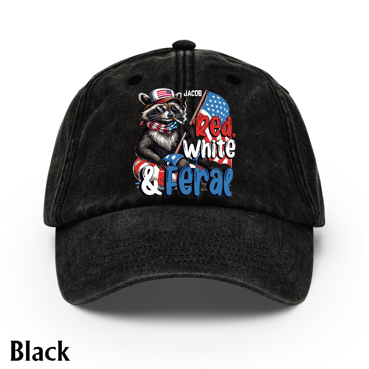 Casquette en denim délavé rouge, blanc et raton laveur sauvage personnalisée pour la fête nationale américaine/le 4 juillet
