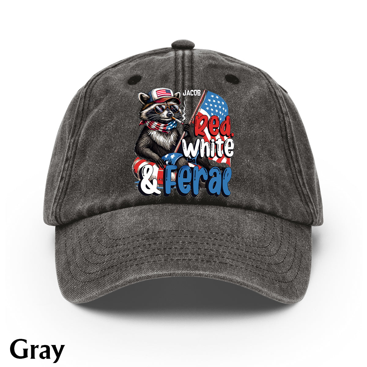 Casquette en denim délavé rouge, blanc et raton laveur sauvage personnalisée pour la fête nationale américaine/le 4 juillet