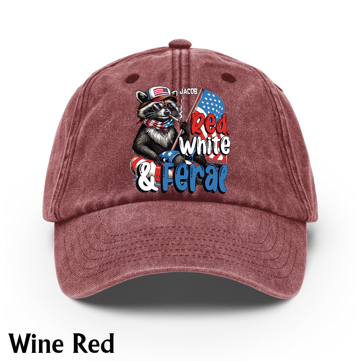Casquette en denim délavé rouge, blanc et raton laveur sauvage personnalisée pour la fête nationale américaine/le 4 juillet
