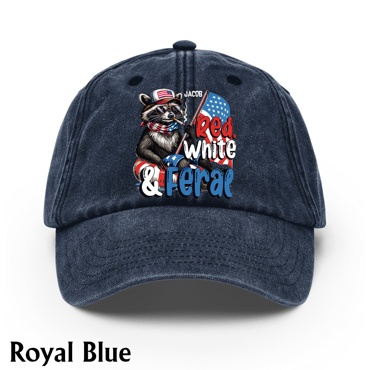 Casquette en denim délavé rouge, blanc et raton laveur sauvage personnalisée pour la fête nationale américaine/le 4 juillet
