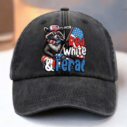 Casquette en denim délavé rouge, blanc et raton laveur sauvage personnalisée pour la fête nationale américaine/le 4 juillet
