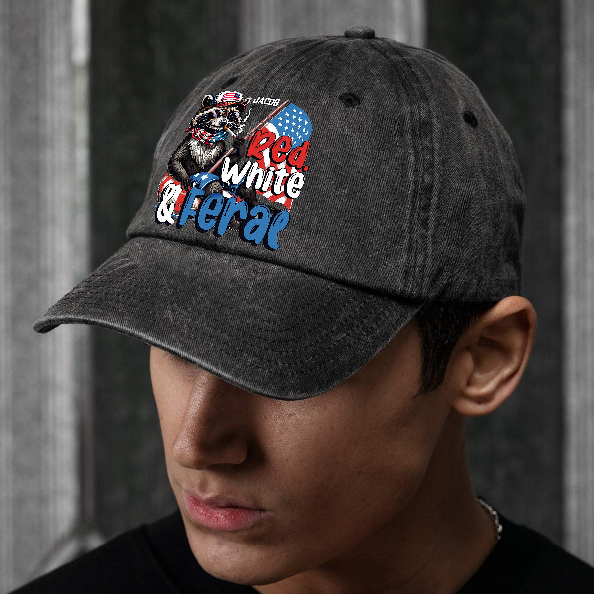 Casquette en denim délavé rouge, blanc et raton laveur sauvage personnalisée pour la fête nationale américaine/le 4 juillet