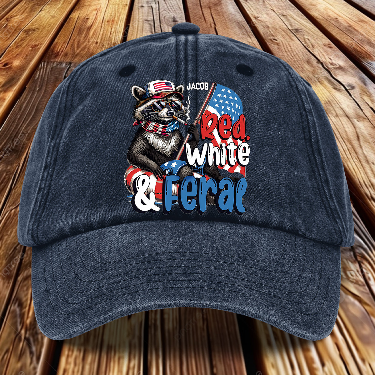 Casquette en denim délavé rouge, blanc et raton laveur sauvage personnalisée pour la fête nationale américaine/le 4 juillet