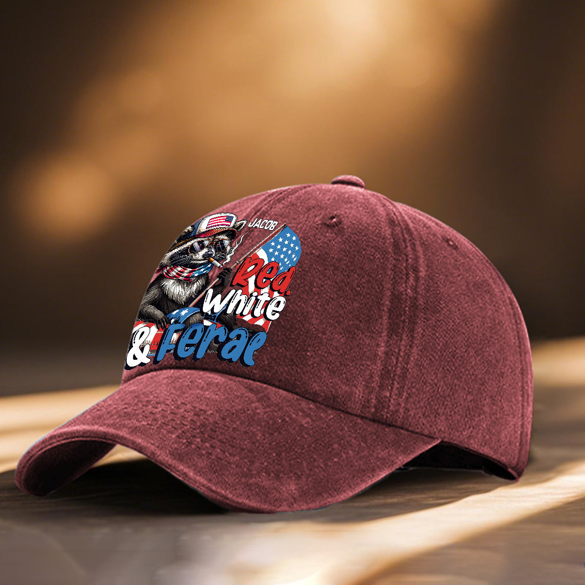 Casquette en denim délavé rouge, blanc et raton laveur sauvage personnalisée pour la fête nationale américaine/le 4 juillet