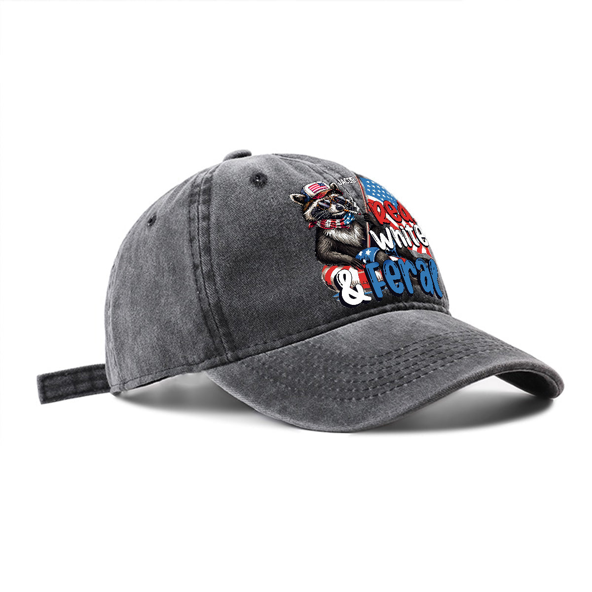 Casquette en denim délavé rouge, blanc et raton laveur sauvage personnalisée pour la fête nationale américaine/le 4 juillet