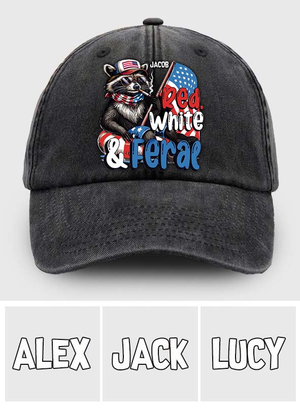 Casquette en denim délavé rouge, blanc et raton laveur sauvage personnalisée pour la fête nationale américaine/le 4 juillet