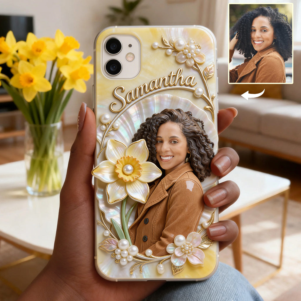 Personalisierte Handyhülle mit Geburtsmonatsblume und Foto – Selbstliebe-Motiv